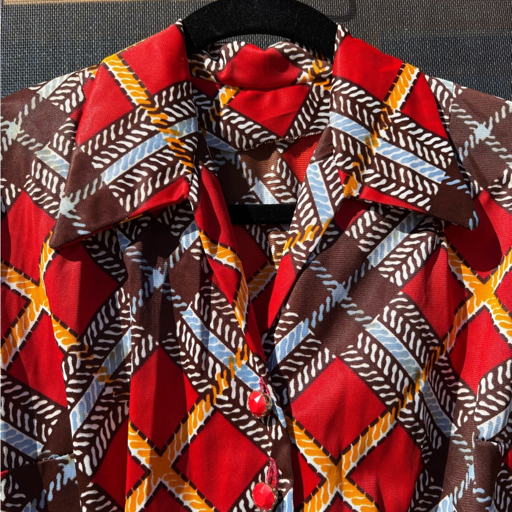 Retro Geometric Shirt Dress Handmade Red Gold Buttons Trellis Holiday Party Chic - Picture 6 of 12